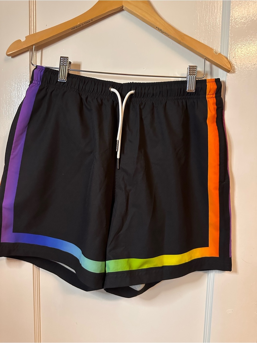 Men's Black Swim Trunks with Rainbow Trim
